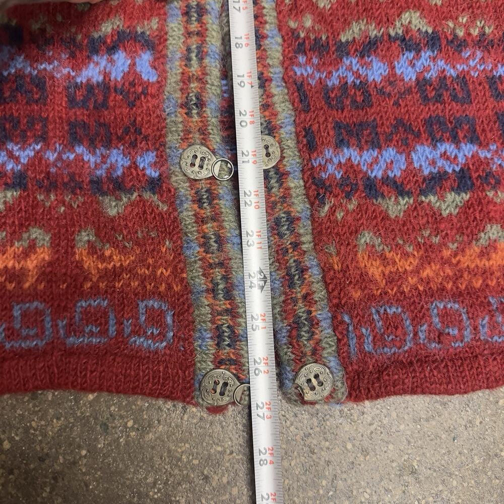 Yeti Hand Knitted Nepal XL Cardigan Red Geometric Fair Isle Boho Wool Blend - Picture 6 of 7